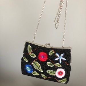 Purva Small Black Beaded Purse w/long chain, new